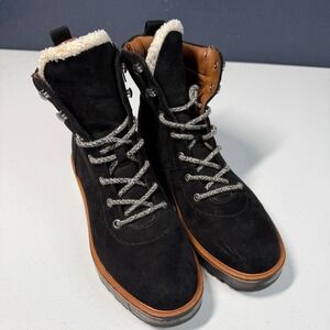 Marc Fisher Incline Combat Boots 6M‎ Black Faux Fur Trim Lug Sole